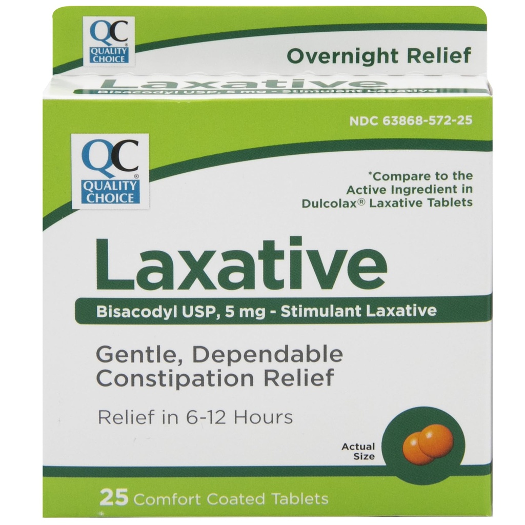 Quality Choice Laxatives for Constipation Relief - Bisacodyl 5mg Tablets, Comfort Coated Stimulant Laxative. Overnight Relief, 25 Count. for Occasional Constipation and Irregularity.