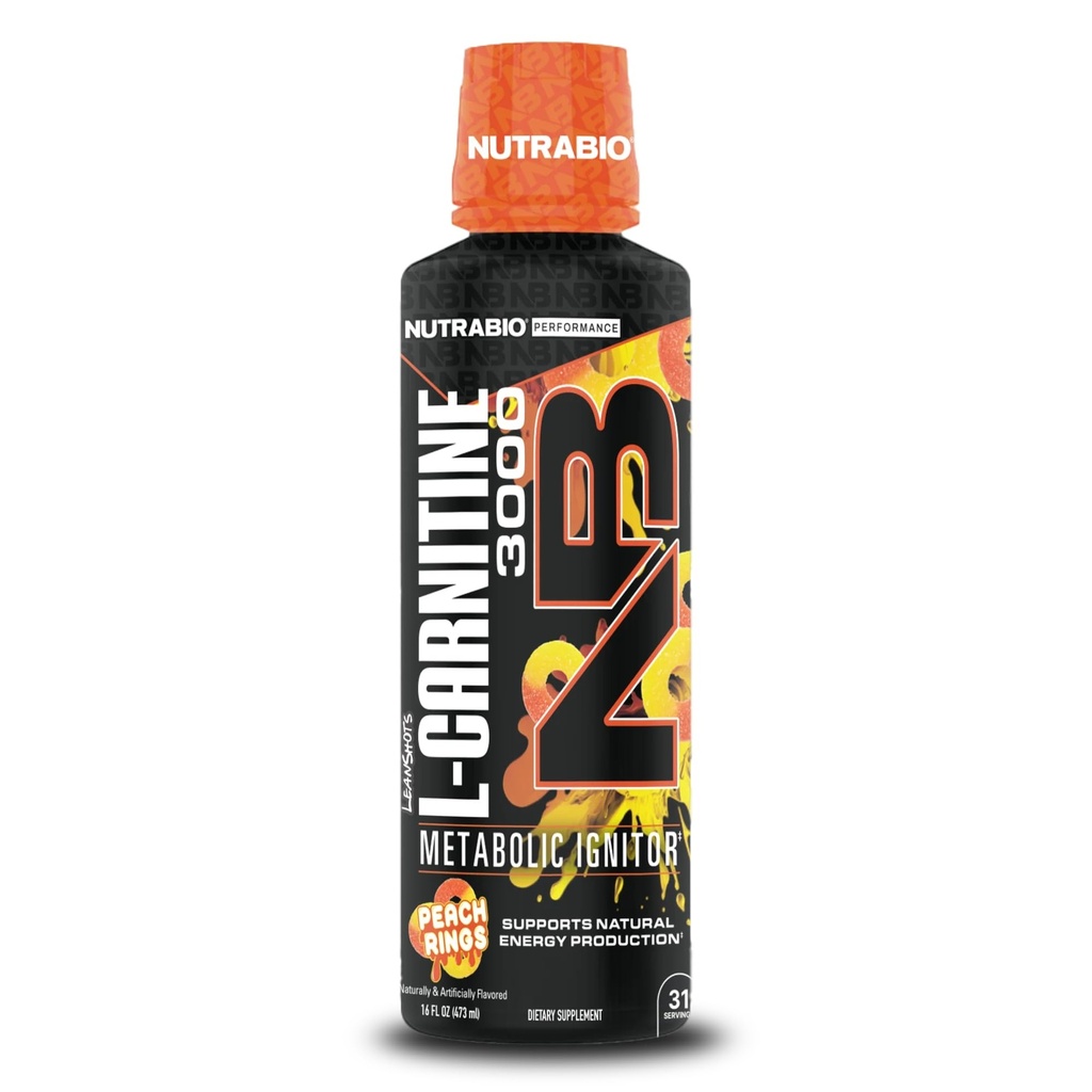NutraBio – L-Καρνιτίνη Liquid Shots – 3000mg, (Peach Rings) – 10mg βιταμίνης B-5 – Zero Carbs & Sugars – Παραγωγή ενέργειας – Ανάκτηση μυών