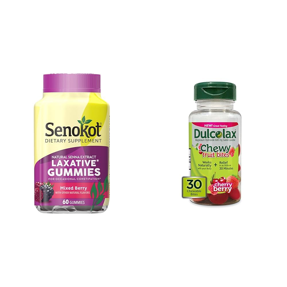 Senokot Dietary Supplement Laxative Gummies, Natural Senna Extract & Dulcolax Chewy Fruit Bites, Saline Laxative, Cherry Berry (30ct) Cramp-Free Constipation Relief