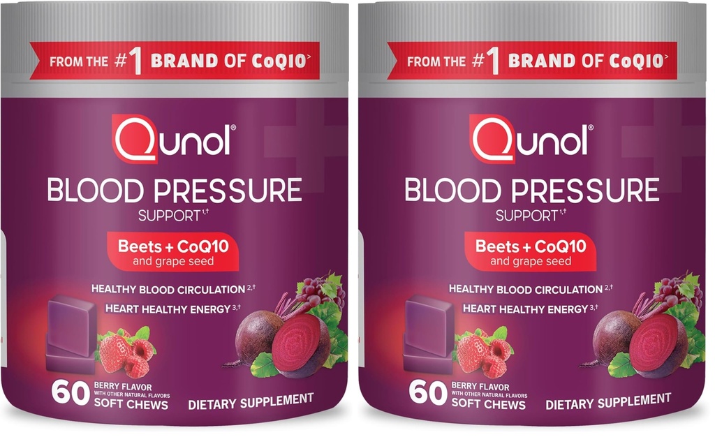 Qunol Beets Chews for Blood Pressure Support,3 in 1 Beets + CoQ10 + Grape Seed Extract,Supports Healthy Blood Circulation & Heart Healthy Energy,60 Chews,(Pack of 2)