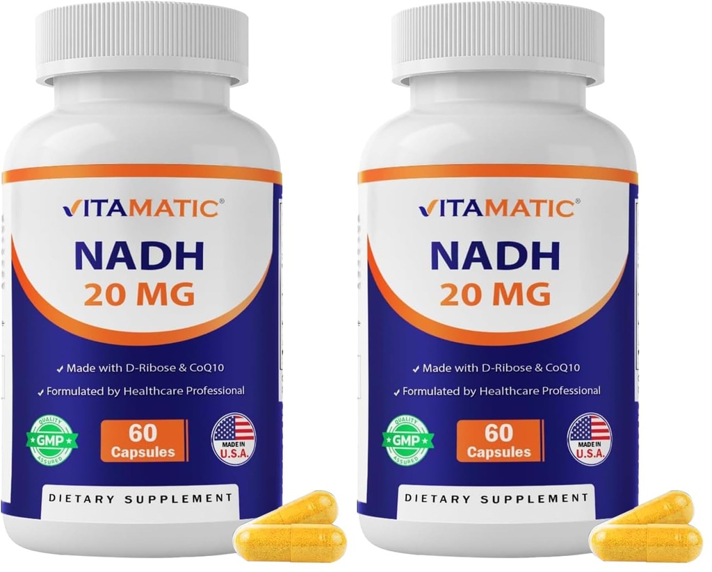 Vitamatic NADH 20mg with D-Ribose & CoQ10 – 60 Capsules, B-Nicotinamide Adenine Dinucleotide, Non-GMO, Gluten Free (Pack of 2)