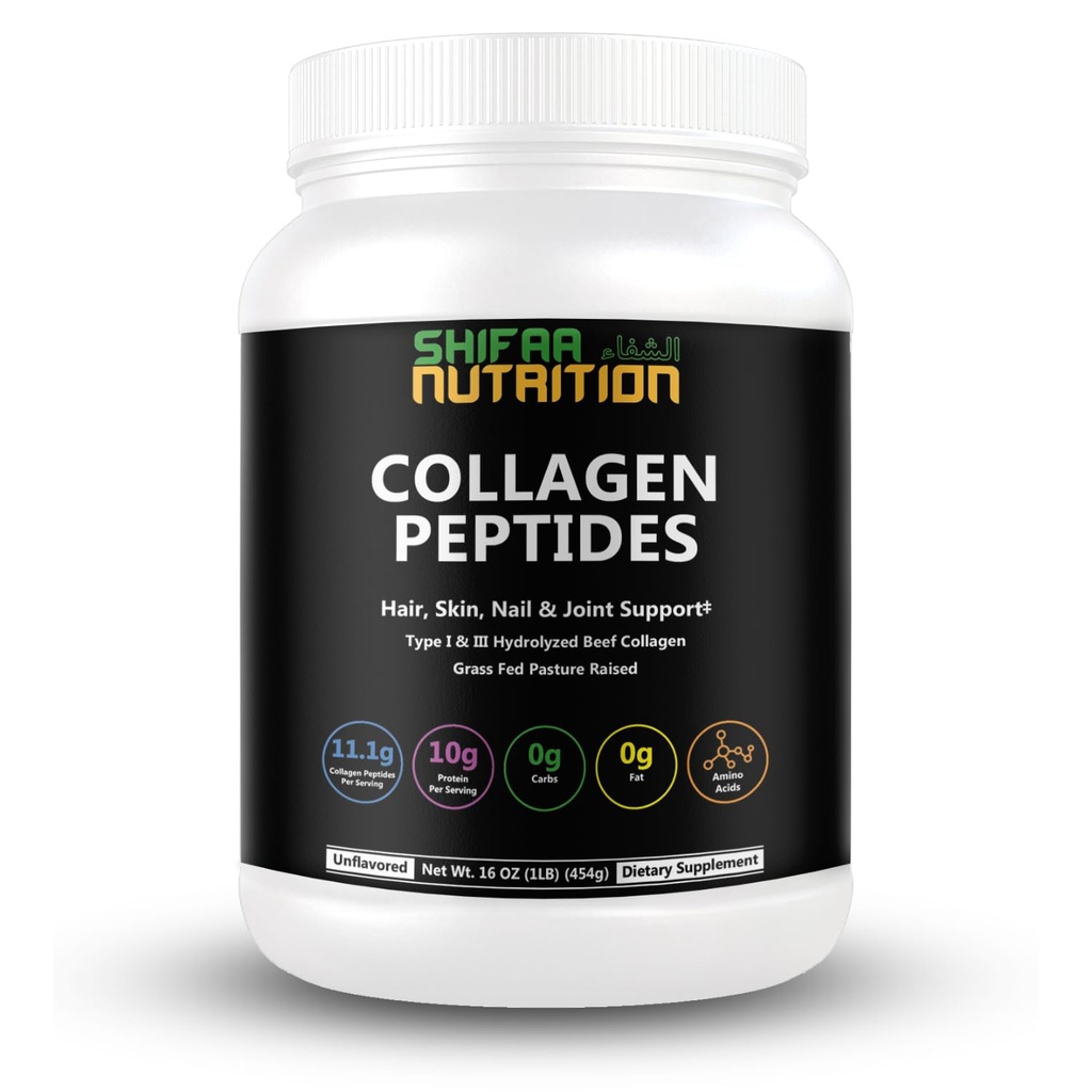 Halal & Grass Fed Collagen Peptides Powder 1 lb. 16oz Unflavored Hydrolyzed Collagen Peptides Peptides Powder Type I & Type III for Hair, Skin, Nails & Joints 