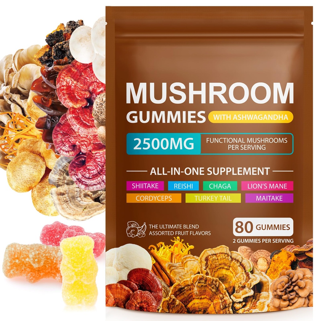 Mushroom Gummies for Adults, 10 Mushroom Blend with Ashwagandha, Vegan Pectin, Gluten-Free, Natural Raspberry Flavor, 80 Count