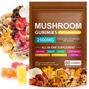 Mushroom Gummies for Adults, 10 Mushroom Blend with Ashwagandha, Vegan Pectin, Gluten-Free, Natural Raspberry Flavor, 80 Count