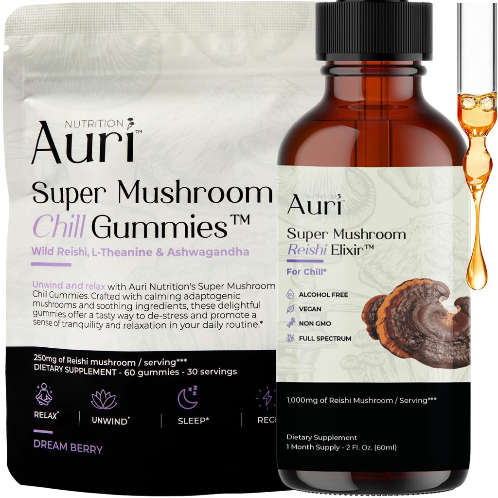 Auri Chill Gummies & Immune Support Tincture Bundle Pack - Super Mushroom Chill Gummies Reishi Super Mushroom Elixir - Calm & Immune Support Supplement - 60 Gummies and 60ml Elixir