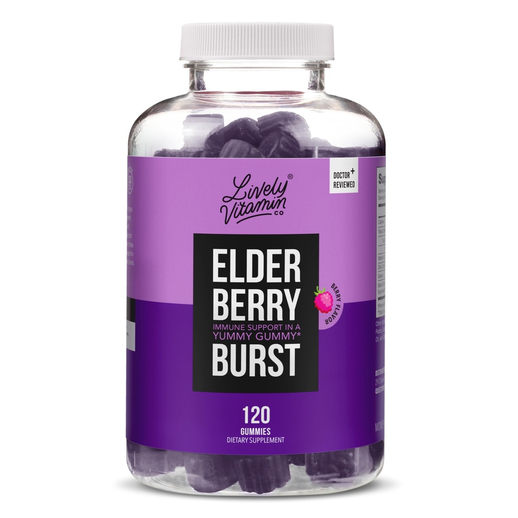 LIVELY VITAMIN CO. Elderberry Burst Gummies for Kids & Adults - Boosts Immune Health - Helps Avoid Colds & Illness - Black Elderberry, Vitamin C & Zinc - 3 Grams of Sugar - No Gelatin