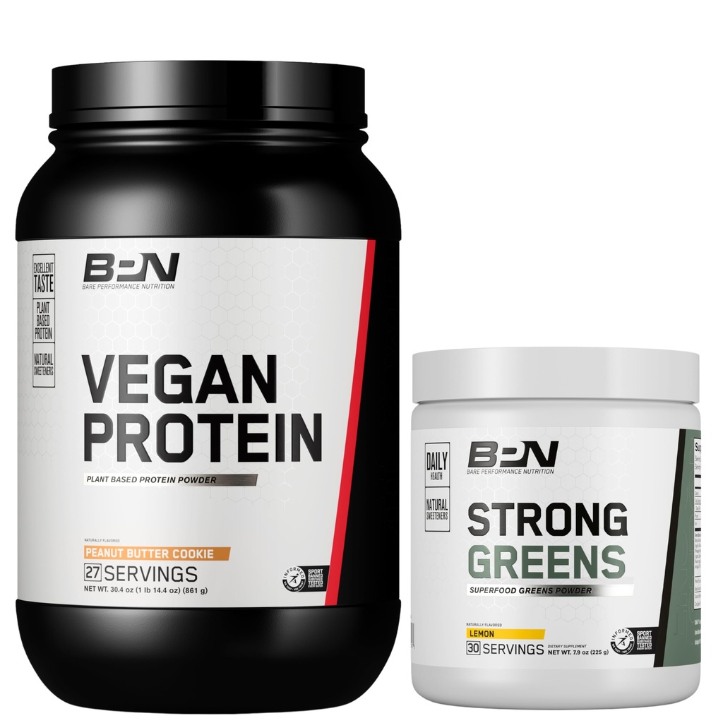 BARE PERFORMANCE NUTRITION BPN Vegan Peanut Butter Cookie Protein + Strong Greens Lemon Bundle