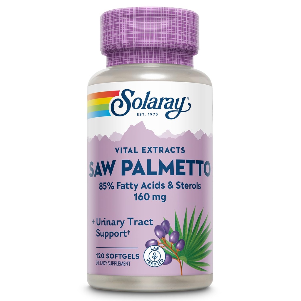 SOLARAY Saw Palmetto Extract - Prostate Health and Urinary Tract Support - 136 mg Λιπαρά Οξέα και στερόλες - Lab Επαληθευμένο, 60 ημερών εγγύηση επιστροφής χρημάτων (120 εξυπηρετούν, 120 Softgels)