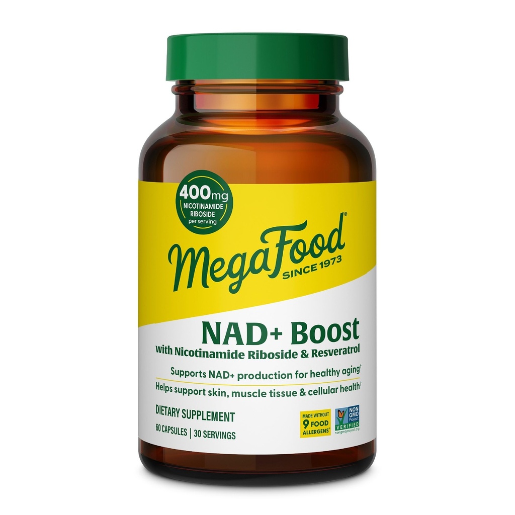 MegaFood NAD + Boost with Nicotinamide Riboside & Resveratrol, Vitamin B12, B6, Methyl Folate & Niacin - Supports NAD+ Production for Healthy Aging - Vegan, Non-GMO - 60 Capsules, 30 Servings