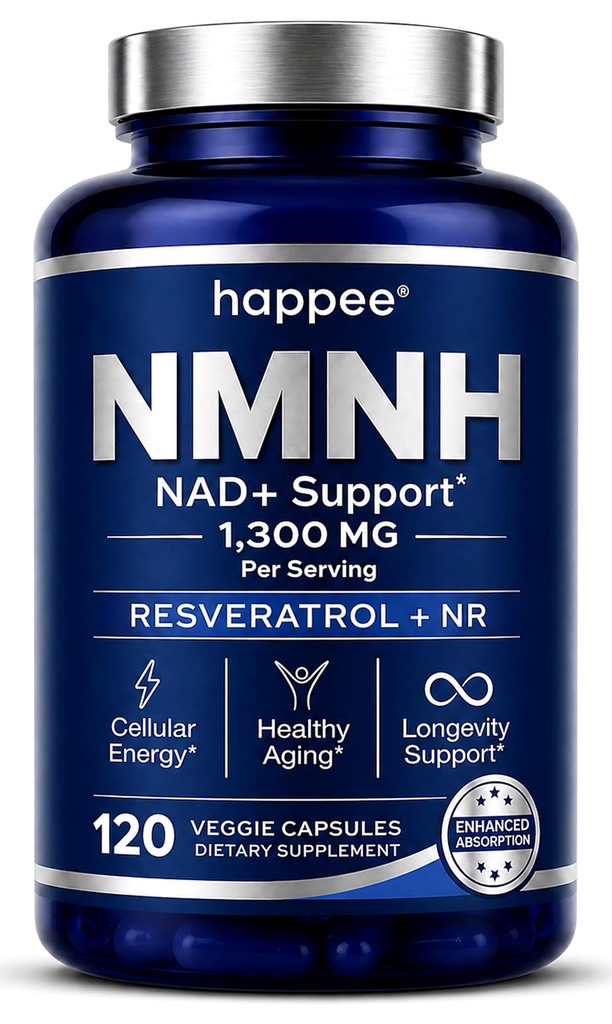 Happee NMNH 1300mg - The Next-Gen NAD+ Supplement with Reduced NMN, Resveratrol, NR & CoQ10 - Cellular Energy, Focus & Healthy Aging - 120 Liposomal Capsules