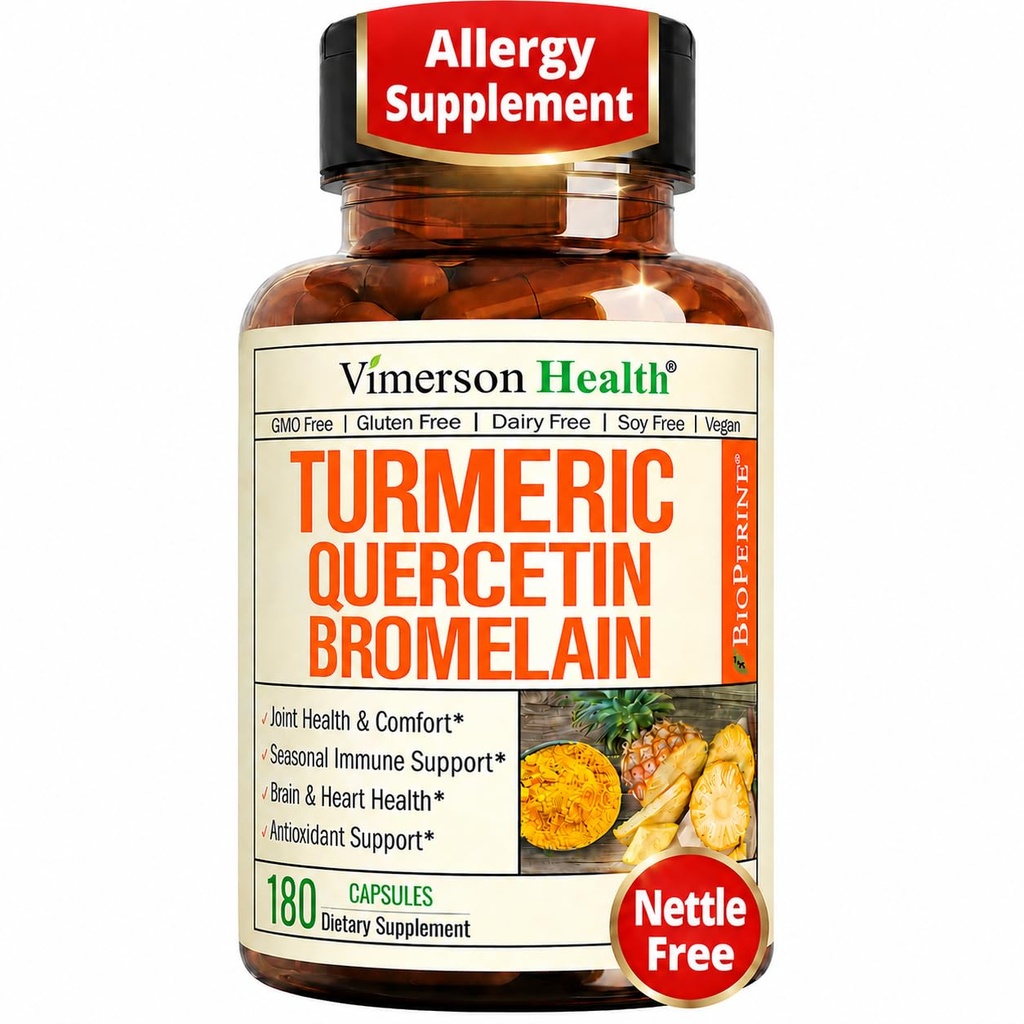 Quercetin με Bromelain Turmeric Curcumin Supplement – Αλλεργία Ανακούφιση, Κοινή & Ανοσολογική Υποστήριξη – Βιολογικό συμπλήρωμα κουρκουμά με Μαύρο Πιπέρι (Bioperine) – 180 Κάψουλες Quercetin 500mg