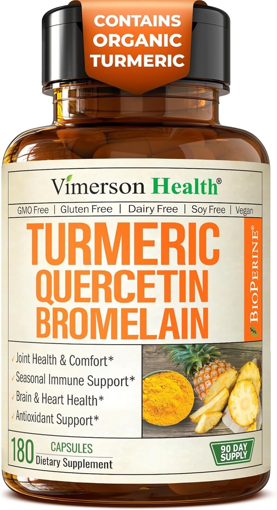 Quercetin με Bromelain Turmeric Curcumin Supplement – Αλλεργία Ανακούφιση, Κοινή & Ανοσολογική Υποστήριξη – Βιολογικό συμπλήρωμα κουρκουμά με Μαύρο Πιπέρι (Bioperine) – 180 Κάψουλες Quercetin 500mg