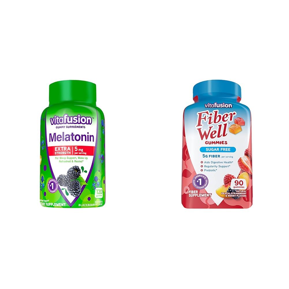 Vitafusion Extra Strength Μελατονίνη Gummy Βιταμίνες, 5mg, 120 ct Gummies & Fiber Well Sugar Free Fiber Supplement, Ροδάκινο, Φράουλα και BlackBerry Flavored Συμπληρώματα, 90 Count