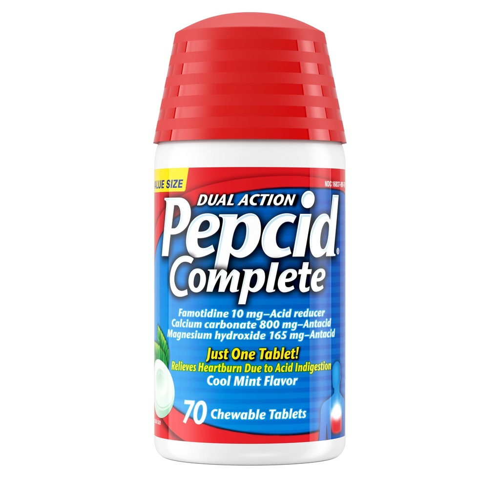 Pepcid Complete Acid Reducer + Antacid Chewable Tablets, 10mg Famotidine, 800mg Calcium Carbonate & 165mg Magnesium Hydroxide per Heartburn Medicine Tablet, Antacid Chews, Mint Flavored, 70 ct
