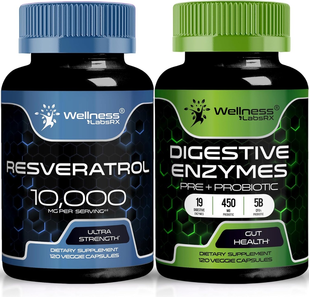 WELLNESS LABSRX Resveratrol Capsules 10,000mg - Digestive Enzymes 450mg