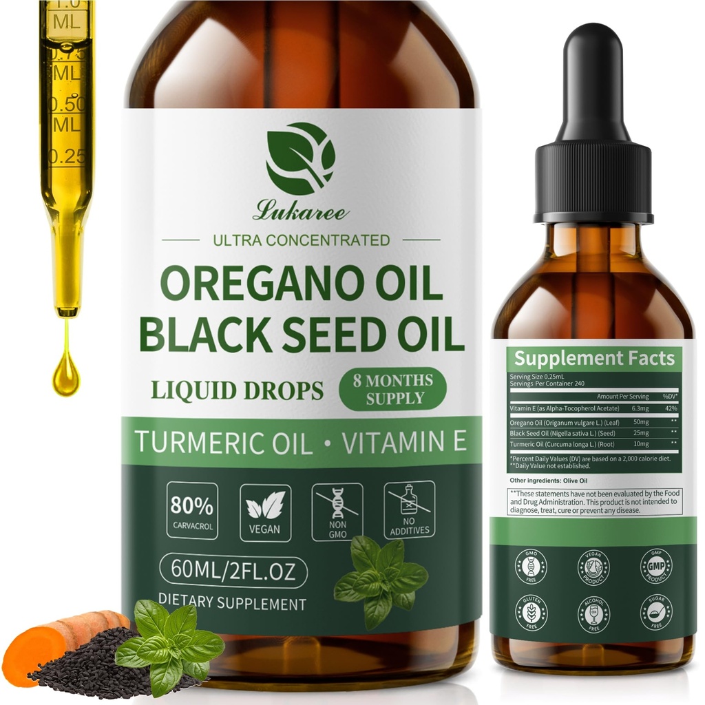 Oil of Oregano Drops with Black Seed Oil, Turmeric Oil, Vitamin E & Olive Oil Based, Immune Digestive Cleanse & Detox*, 80% Carvacrol Cold-Pressed Natural Aceite de Oregano, 2 Fl Oz, 8 Month Supply