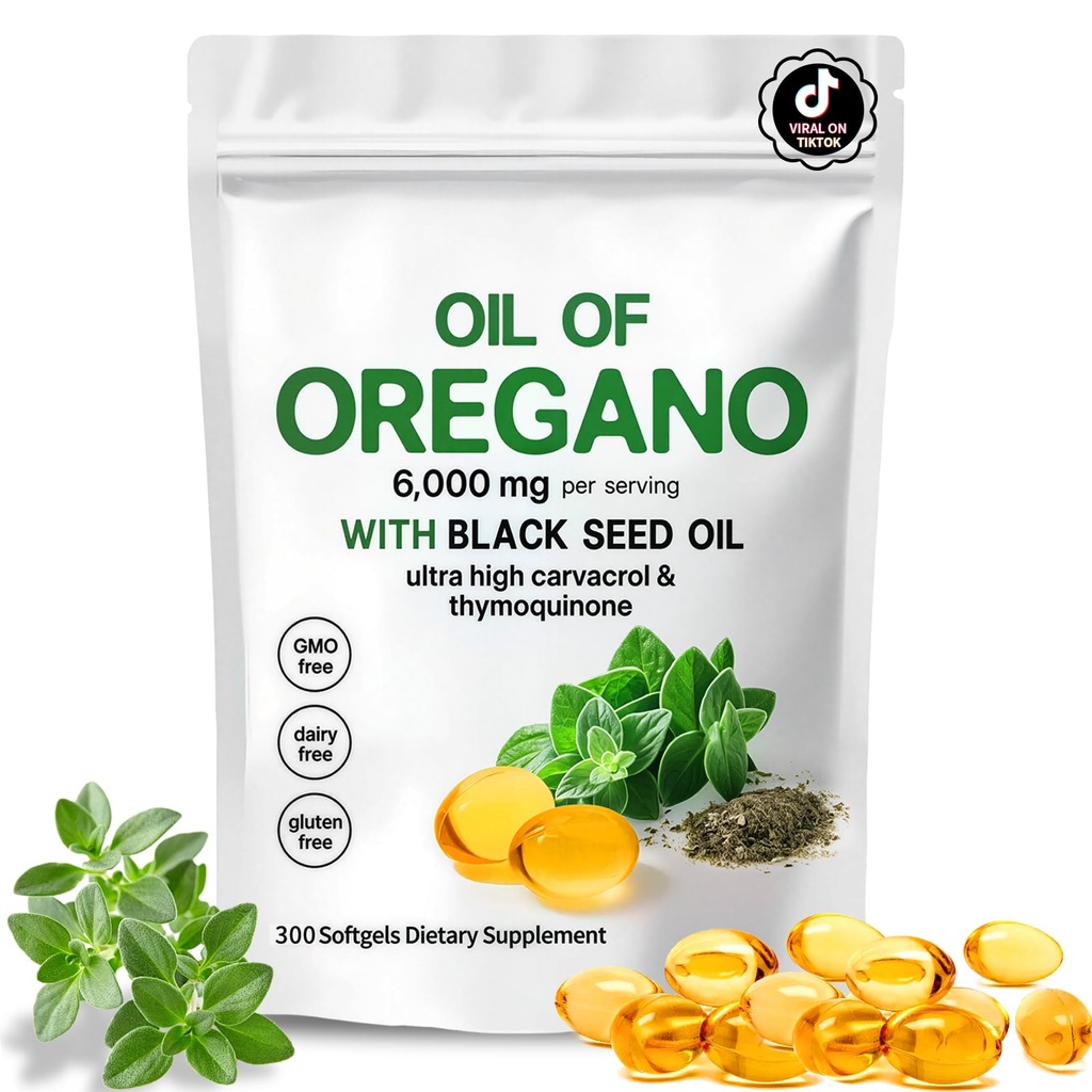 Oil of Oregano with Black Seed Oil,2-in-1 Oregano Oil Capsules Organic,300 Softgels,4X Strength Carvacrol & Thymoquinone,Non-GMO,Gluten Free & Immune Support