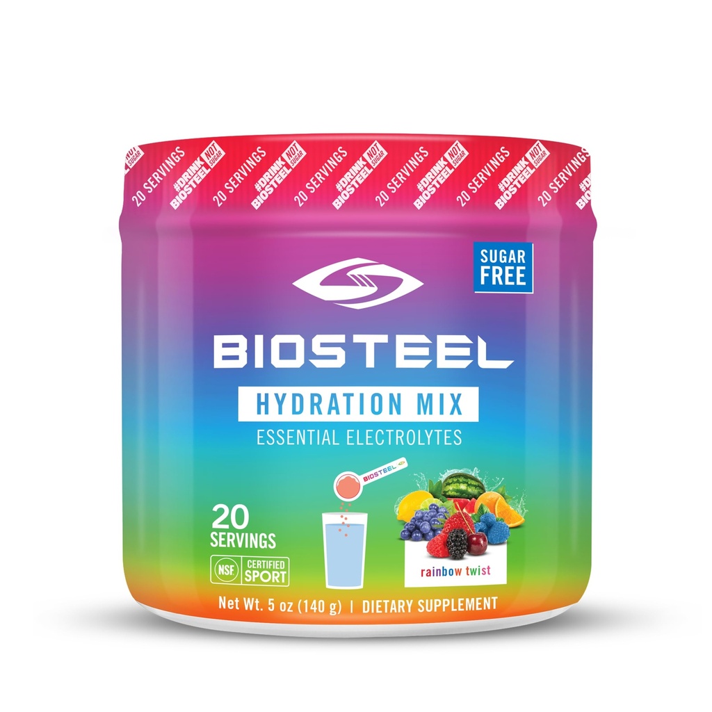 BioSteel Zero Sugar Hydration Mix, Great Tasting Hydration with 5 Essential Electrolytes, Rainbow Twist Flavor, 20 Servings per Tub
