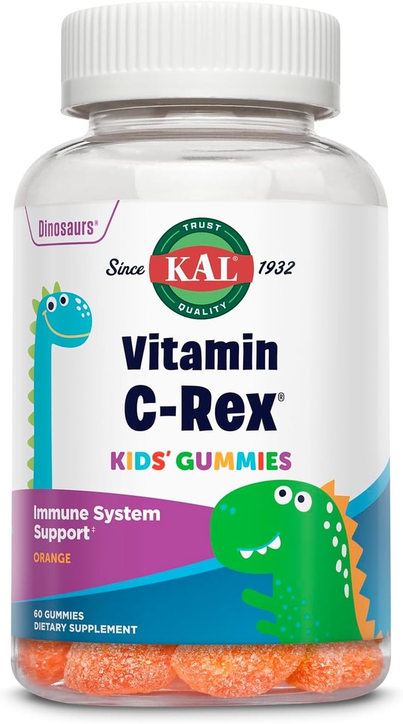 KAL Βιταμίνη C-Rex Παιδικές Gummies, Βιταμίνη C Gummies για τα παιδιά, υγιή ανοσοποιητικά, οστά, μύες & το δέρμα Υποστήριξη Βιταμίνη C Gummy, Vegan, Χωρίς γλουτένη, 60 ημέρες εγγύηση επιστροφής χρημάτων, 30 υπηρεσίες, 60 Gummies