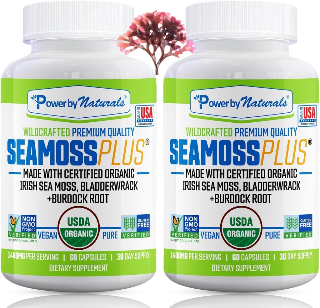 Power By Naturals Sea Moss Plus - USDA Certified Organic Wildcrafted Irish Seamoss, Bladderwrack & Burdock Root, συμπλήρωμα για την ασυλία, 60Ct, 2 Pack