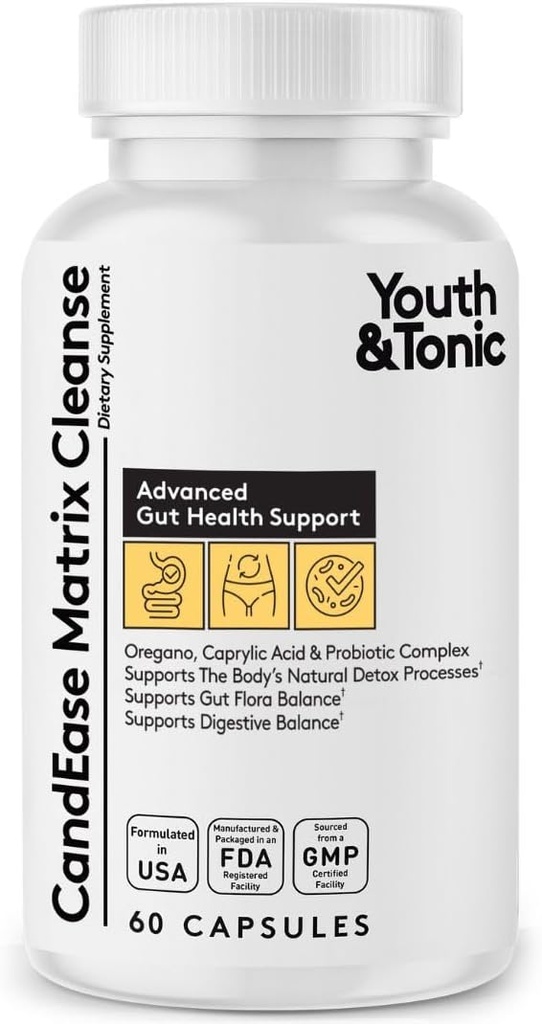 Youth & Tonic CandEase Cleanse Matrix – Υποστήριξη για την υπερανάπτυξη & την υγεία των ούλων, την ενδοεντερική ισορροπία χλωρίδας και το σώμα Detox Complex με Orγανη, καπρυλικό οξύ, Digestive Ένζυμα, προβιοτικά, 60 χάπια, γυναίκες & άνδρες