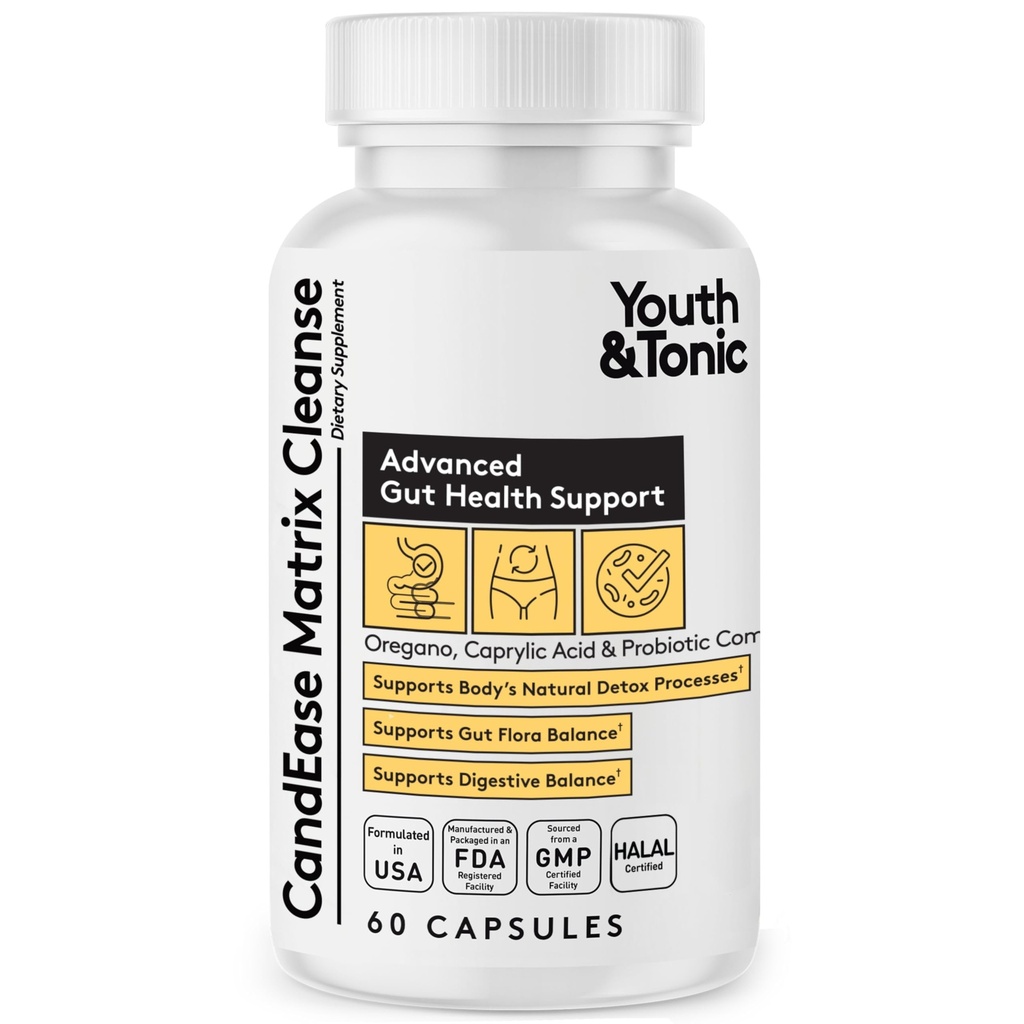 Youth & Tonic CandEase Cleanse Matrix – Υποστήριξη για την υπερανάπτυξη & την υγεία των ούλων, την ενδοεντερική ισορροπία χλωρίδας και το σώμα Detox Complex με Orγανη, καπρυλικό οξύ, Digestive Ένζυμα, προβιοτικά, 60 χάπια, γυναίκες & άνδρες