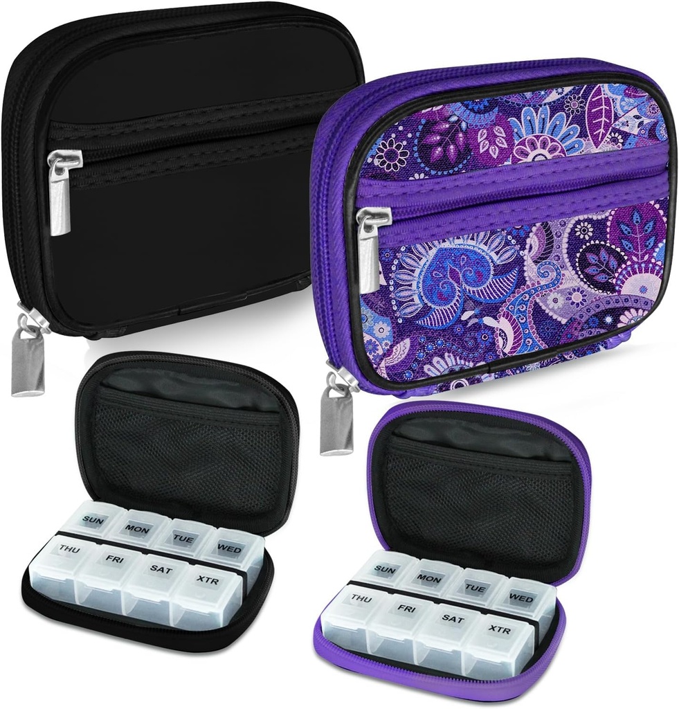 Serfeymi Weekly Travel Pill Organizer Pill Case for Purse with Removable 7 Day Pill Box, Fashionable Travel Medicine Organizer Pill Container for Medicine, Vitamin, Συμπλήρωμα - Μαύρο 01 + Purple 01