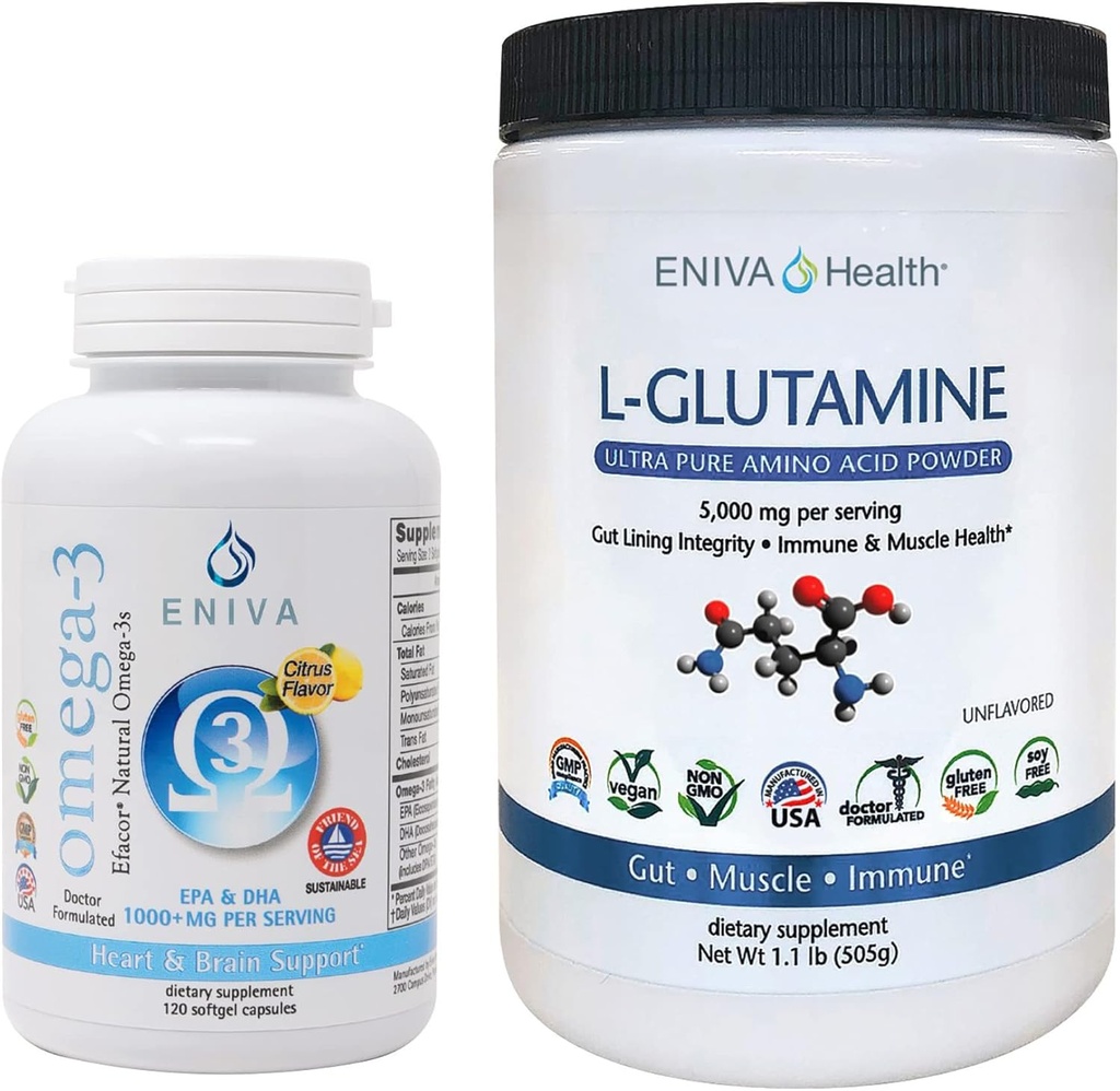 Eniva L-Γλουταμίνη σκόνη, 1.1-Pound και Omega-3 ιχθυέλαιο (60 caps)