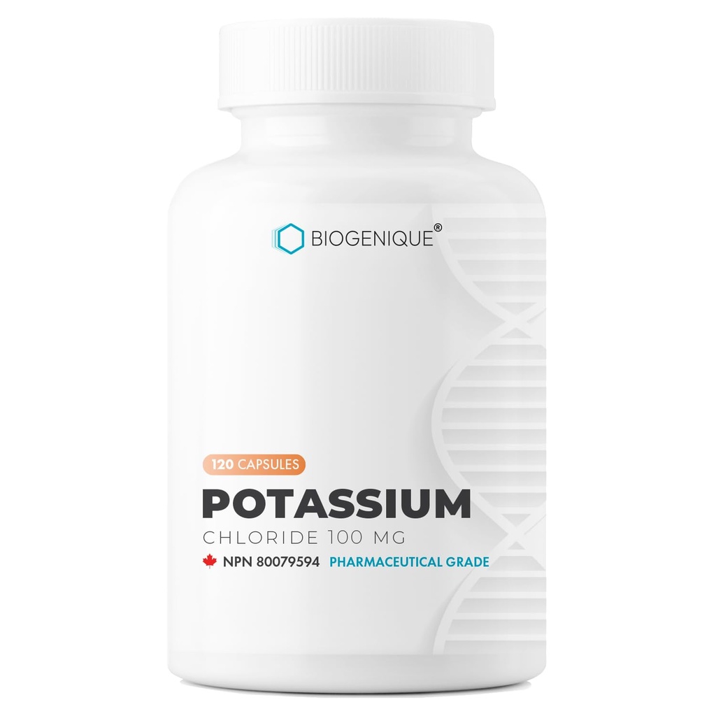 Biogenique Potassium Chloride - 120 Capsules Potassium 100MG - Healthy Muscle Function Heart Health & Electrolyte Balance - Made in Canada, Pharmaceutical Grade, Non-GMO