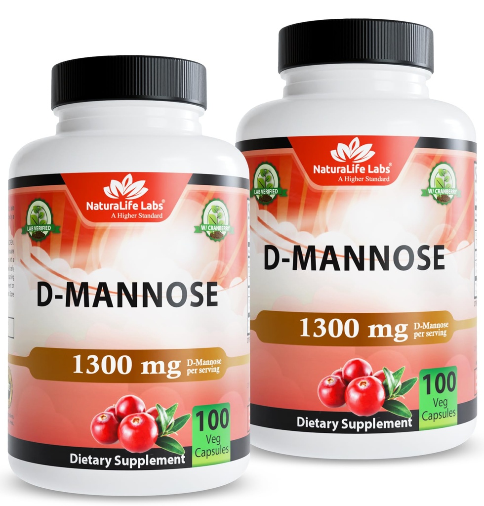 NaturaLife Labs Organic D-Mannose 1300mg + Organic Cranberry Extract 100mg – Urinary Tract Support – Non-GMO, Gluten-Free & Vegan – 100 Capsules (2 Pack)
