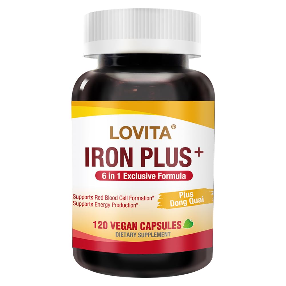 LOVITA Iron Plus, 18 mg, 6 in 1 for Women, Vitamin C, Dong Quai & B12, Support Red Blood Cell Production Without Constipation, 120 Vegan Capsules