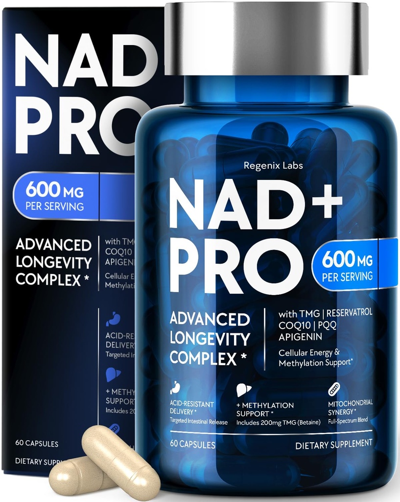 NAD Supplement 600mg for Men and Women with Resveratrol, CoQ10, PQQ, TMG and Apigenin - 6-in-1 Cellular Energy and Longevity Complex - Acid-Resistant Capsules, 60 Count