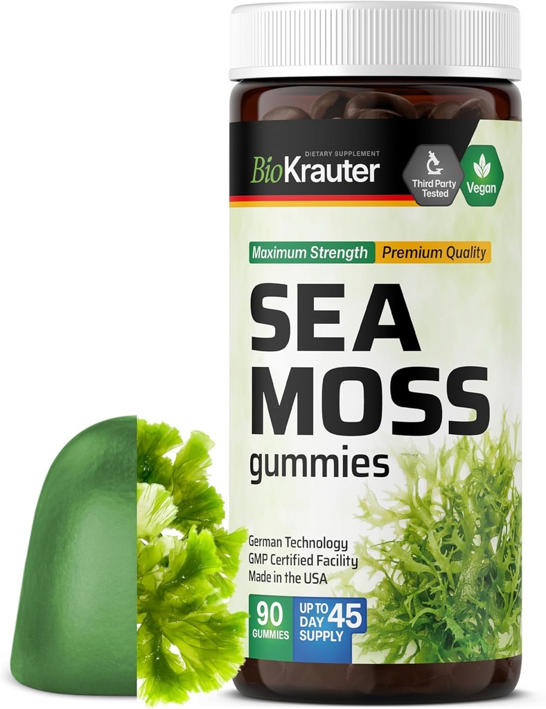 BIO KRAUTER Ιρλανδική Θάλασσα Moss Gummies για γυναίκες και άνδρες - 2840 mg Δύναμη - 90 Vegan Chews - Bladderwrack & Burdock Root Supplement - Chondrus Crispus Formula - Seamoss Gummies