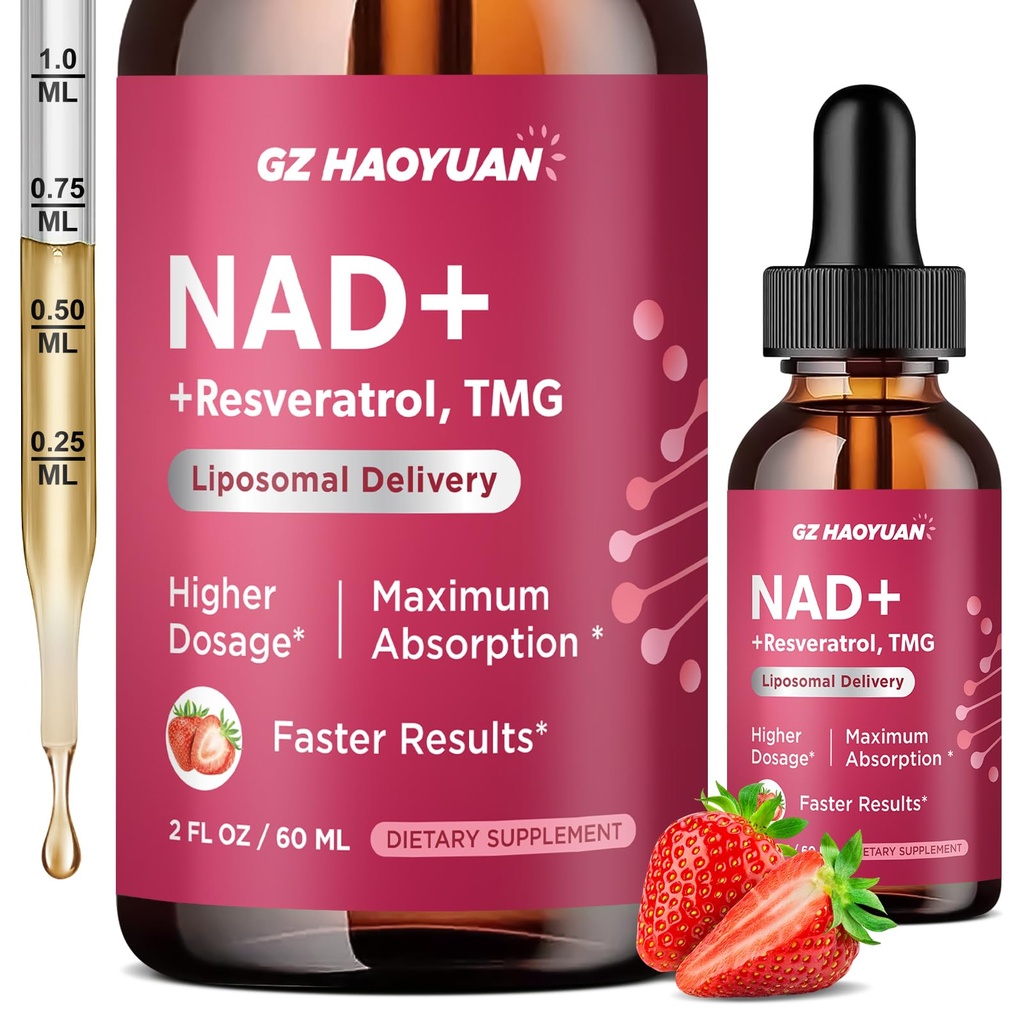 NAD Liquid Supplement for Women, Liposomal NAD+ Drops 1200MG with NAD Plus Resveratrol, Tmg, Quercetin, Anti-Aging, Cell Regeneration, Energy & Metabolism Support, Strawberry Flavor