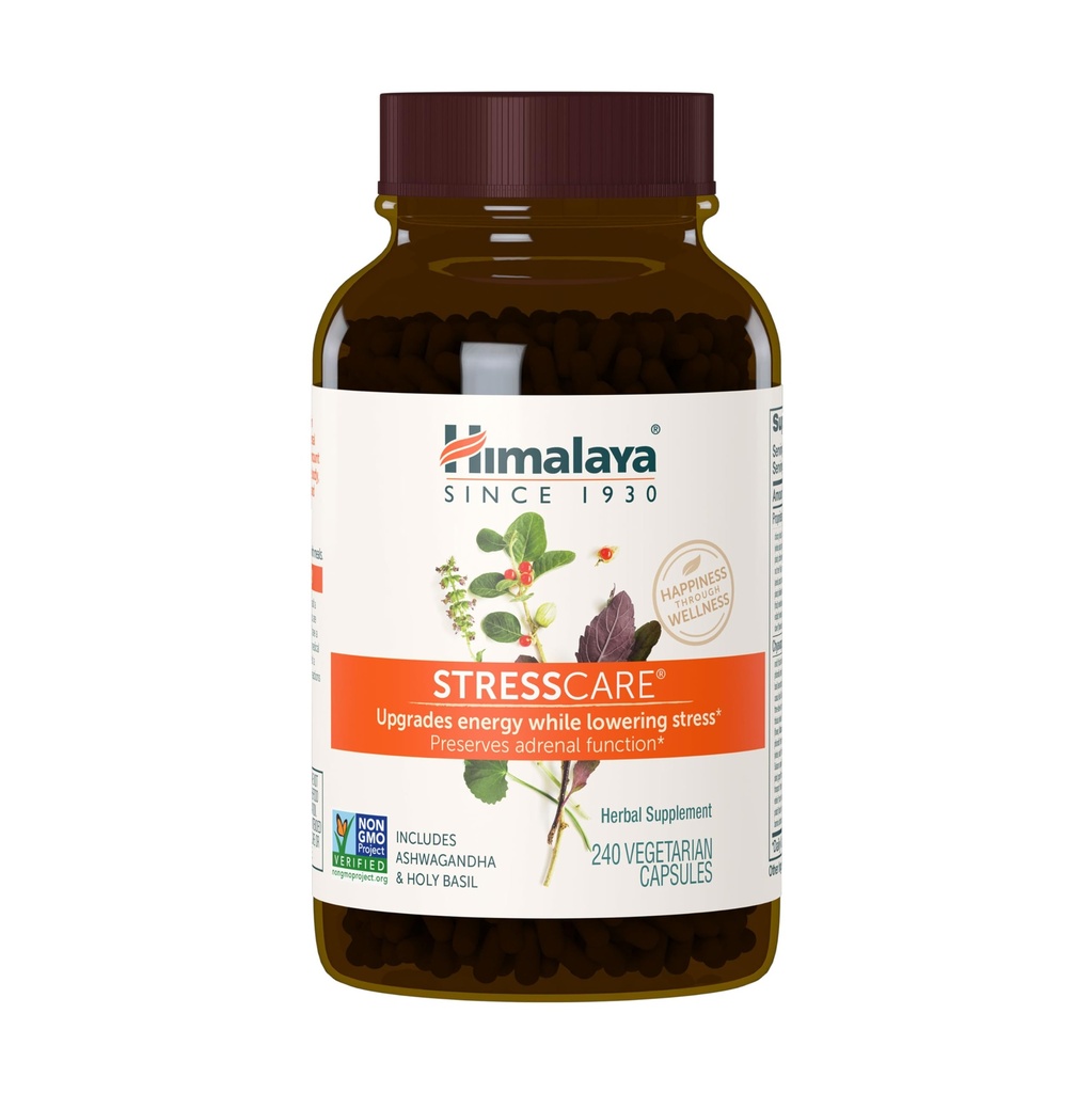 Himalaya StressCare βοτανικό συμπλήρωμα, υποστηρίζει ανακούφιση από το στρες, την ενεργειακή υποστήριξη, την χαλάρωση, περιστασιακή αϋπνία, Ashwagandha, Ιερός Βασίλειος / Τουλσί, Gotu Kola, μη ΓΤΟ, χορτοφάγοι, 240 κάψουλες