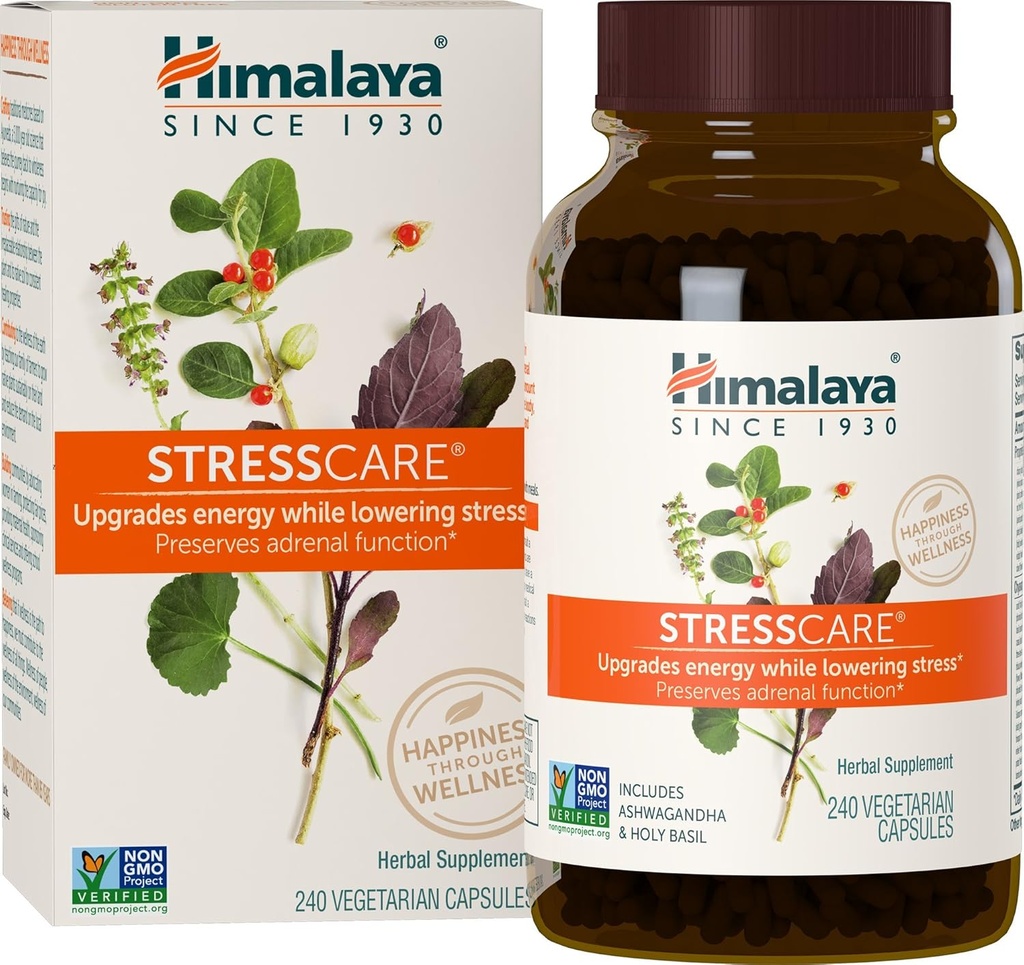 Himalaya StressCare βοτανικό συμπλήρωμα, υποστηρίζει ανακούφιση από το στρες, την ενεργειακή υποστήριξη, την χαλάρωση, περιστασιακή αϋπνία, Ashwagandha, Ιερός Βασίλειος / Τουλσί, Gotu Kola, μη ΓΤΟ, χορτοφάγοι, 240 κάψουλες