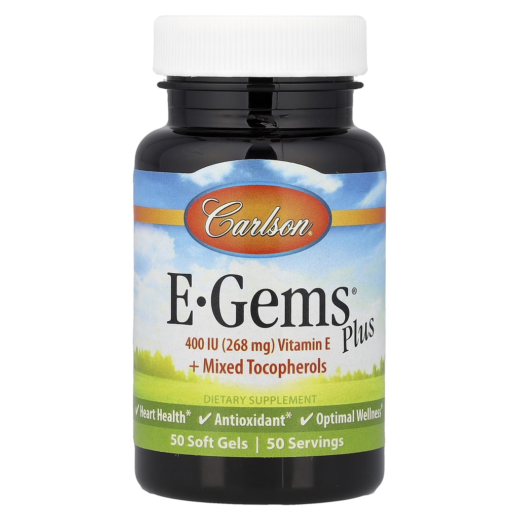 Carlson - E-Gems Plus, 400 IU (268 mg), Natural-Source Vitamin E, Optimal Wellness, 50 Soft Gels