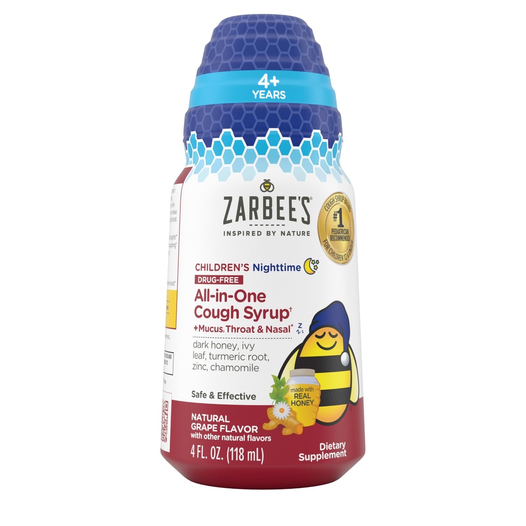 Zarbee's Children's Nighttime All-in-One Honey Cough Syrup + Mucus, Throat & Nasal for Kids 4+ Years, Dark Honey, Ivy Leaf Extract, Zinc, Turmeric Root Extract, Drug-Free, Grape, 4 fl. oz