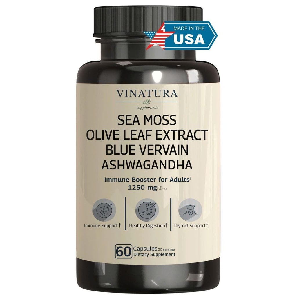 VINATURA Organic Sea Moss, Blue Vervain - with Black Seed Oil, Ashwagandha, Ginger, Burdock Root Capsules - 1250mg per Serving, Immune Booster for Adults
