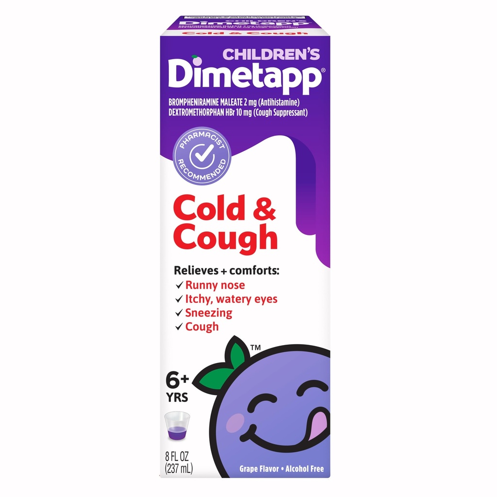 Children’s Dimetapp Cold & Cough Medicine, Antihistamine, Runny Nose, Sneezing, Itchy, Watery Eyes, Grape Flavor, Alcohol & Phenylephrine-Free, 8 Fl Oz