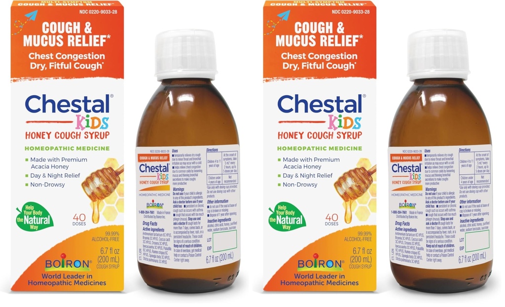 Boiron Chestal Honey Children's Cough Syrup for Nasal and Chest Congestion,Runny Nose,and Sore Throat Relief - 6.7 Fl oz,(Pack of 2)