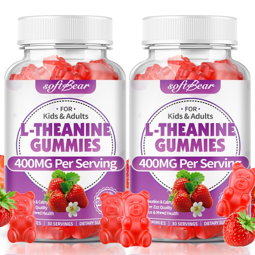 softbear L-Theanine Gummies 400mg for Kids & Adults, L Theanine Supplement with Ashwagandha, GABA, 5-HTP Supports Calm & Relax & Focus, Sugar-Free/Vegan/GMO-Free, Strawberry Flavor 120 Count