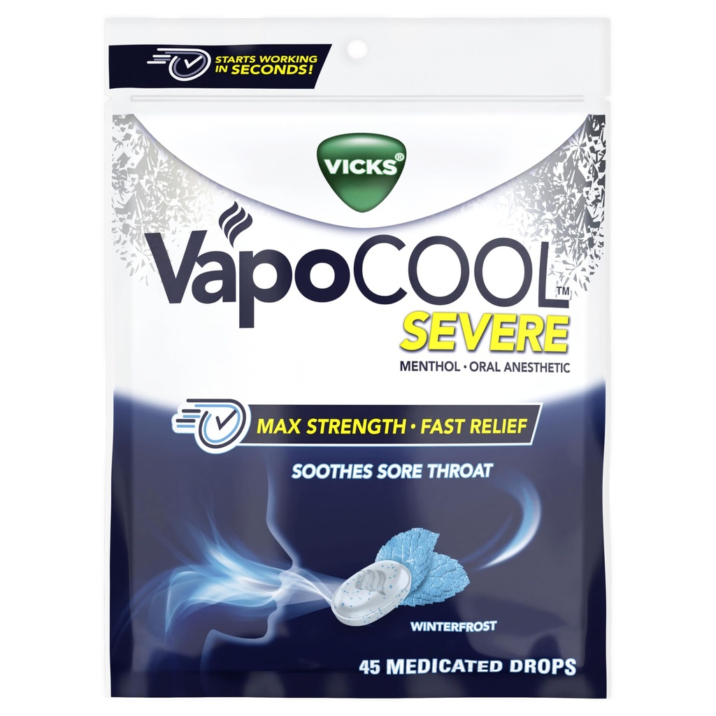 Vicks VapoCool Σοβαρές φαρμακευτικές σταγόνες λαρυγγικού λαρύγγι, Max δύναμη Μέντχολ, καταπραΰνει πόνο πονόλαιμο, χειμωνιάτικη γεύση, 45ct