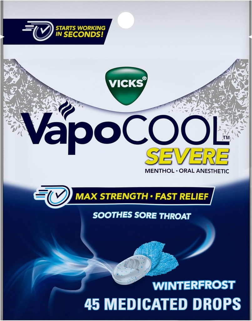 Vicks VapoCool Σοβαρές φαρμακευτικές σταγόνες λαρυγγικού λαρύγγι, Max δύναμη Μέντχολ, καταπραΰνει πόνο πονόλαιμο, χειμωνιάτικη γεύση, 45ct