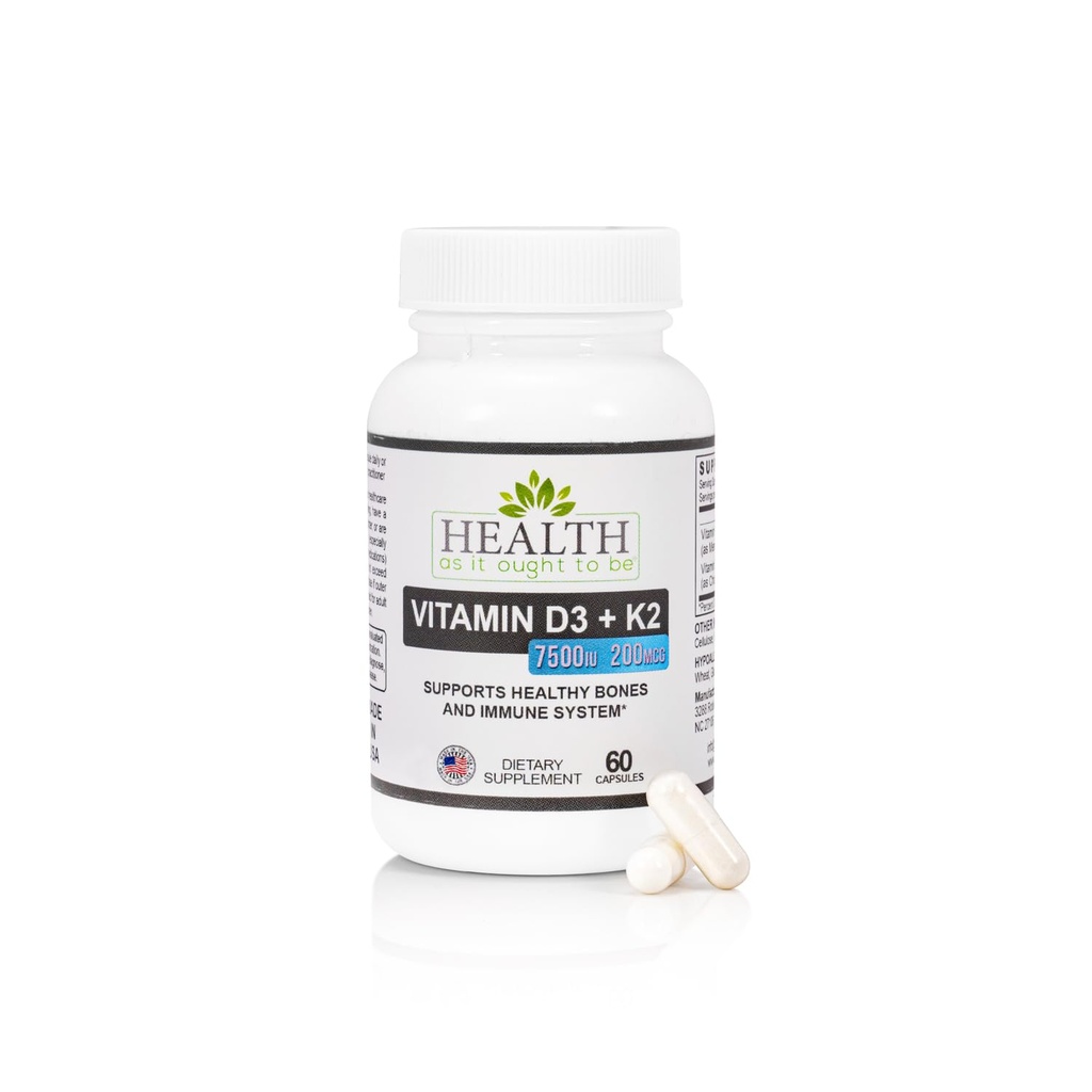 HAIOTB D3+K2: Vitamin D3 7500 IU (188mcg) + K2 200 mcg- 60 Capsules