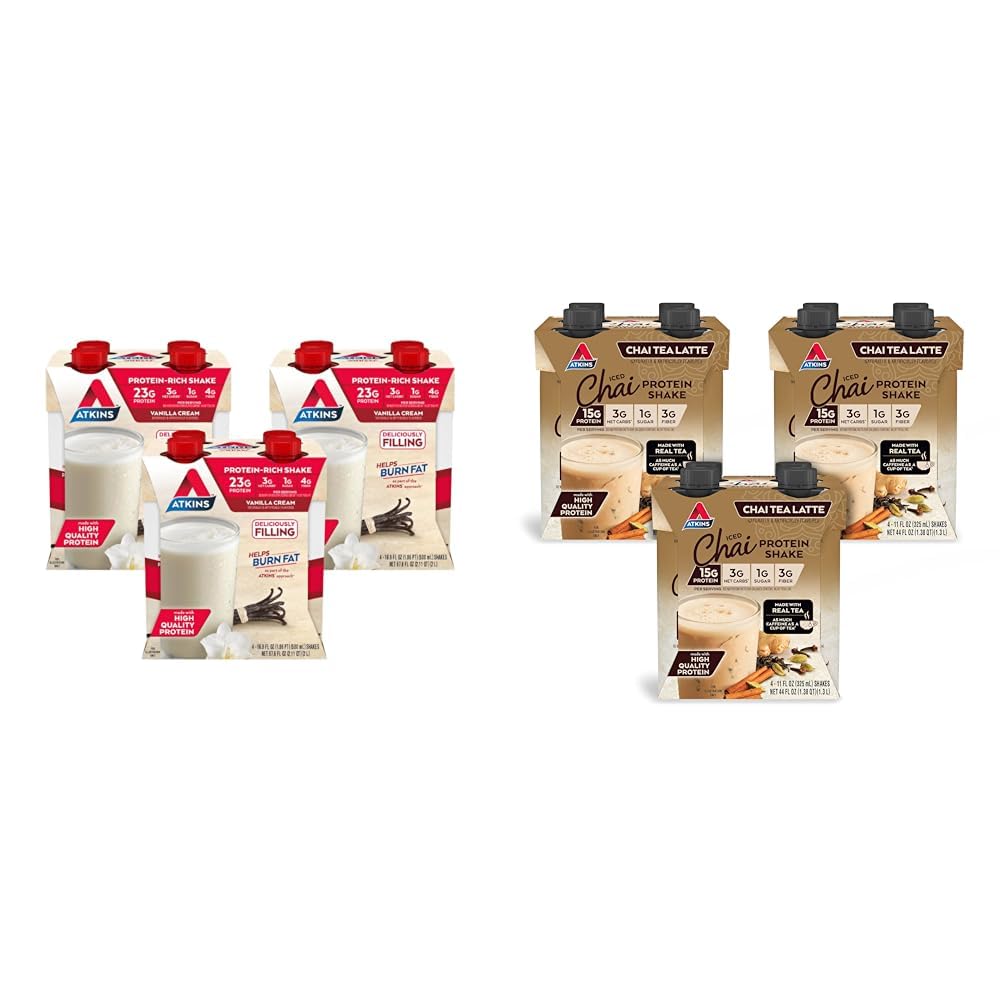 Atkins Vanilla Cream & Chai Tea Latte Protein Shake Bundle, 23g & 15g Protein, Low Glycemic, 3g Net Carb, Keto Friendly