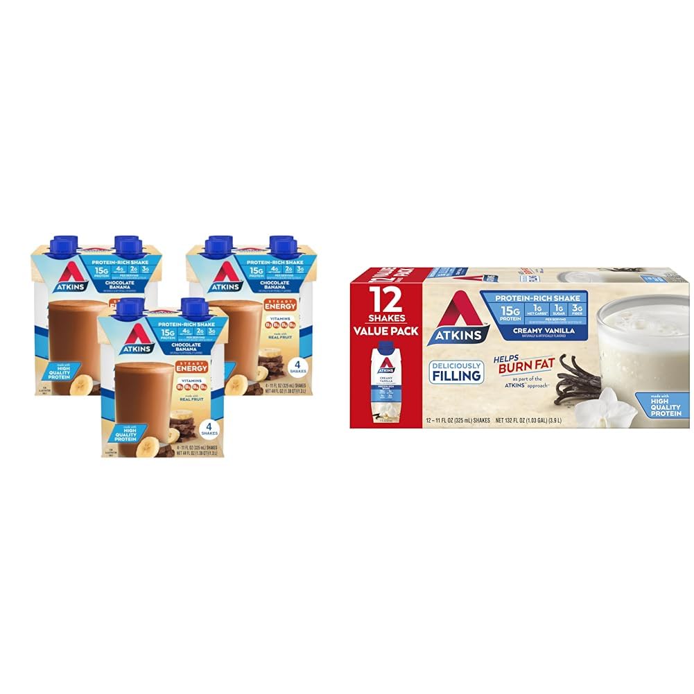 Atkins Chocolate Banana Protein Shake, 15g Protein, Low Glycemic, 4g Net Carb, 2g Sugar & Creamy Vanilla Protein Shake, 15g Protein, Low Glycemic, 2g Net Carb, 1g Sugar, Keto Friendly, 12 Count