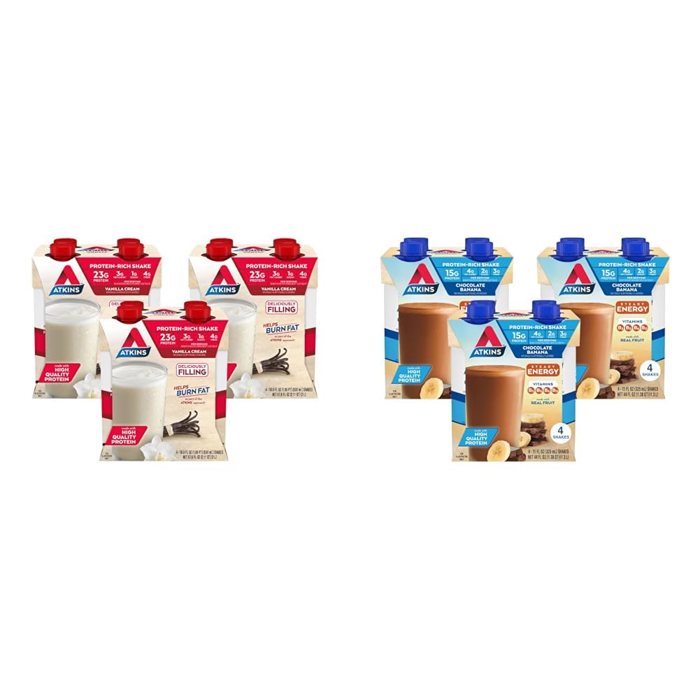 Atkins Vanilla Cream Meal Size Protein Shake, 23g Protein & Chocolate Banana Protein Shake, 15g Protein, Low Glycemic, 4g Net Carb, 2g Sugar, Keto Friendly, 12 Count