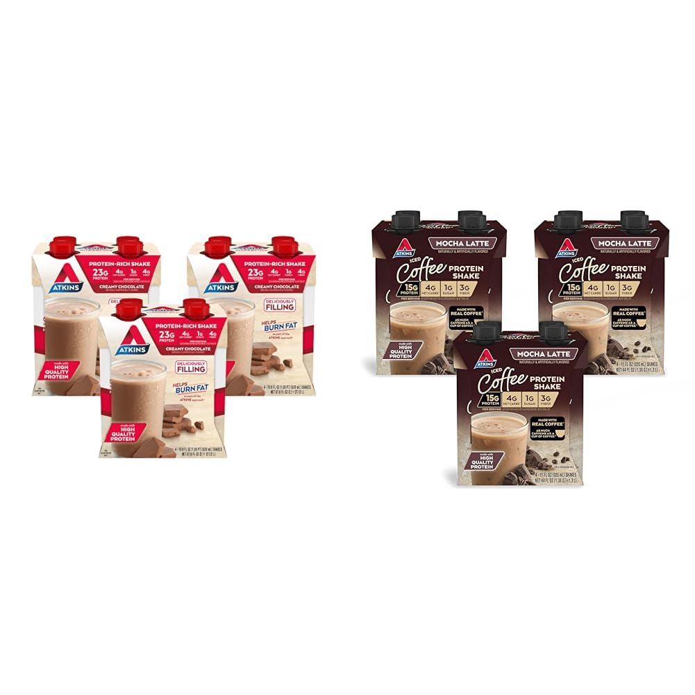 Atkins Creamy Chocolate Meal Size Protein Shake, 23g Protein, Low Glycemic, 4g Net Carb, 1g Sugar & Mocha Latte Iced Coffee Protein Shake, 15g Protein, Low Glycemic, 4g Net Carb, 1g Sugar