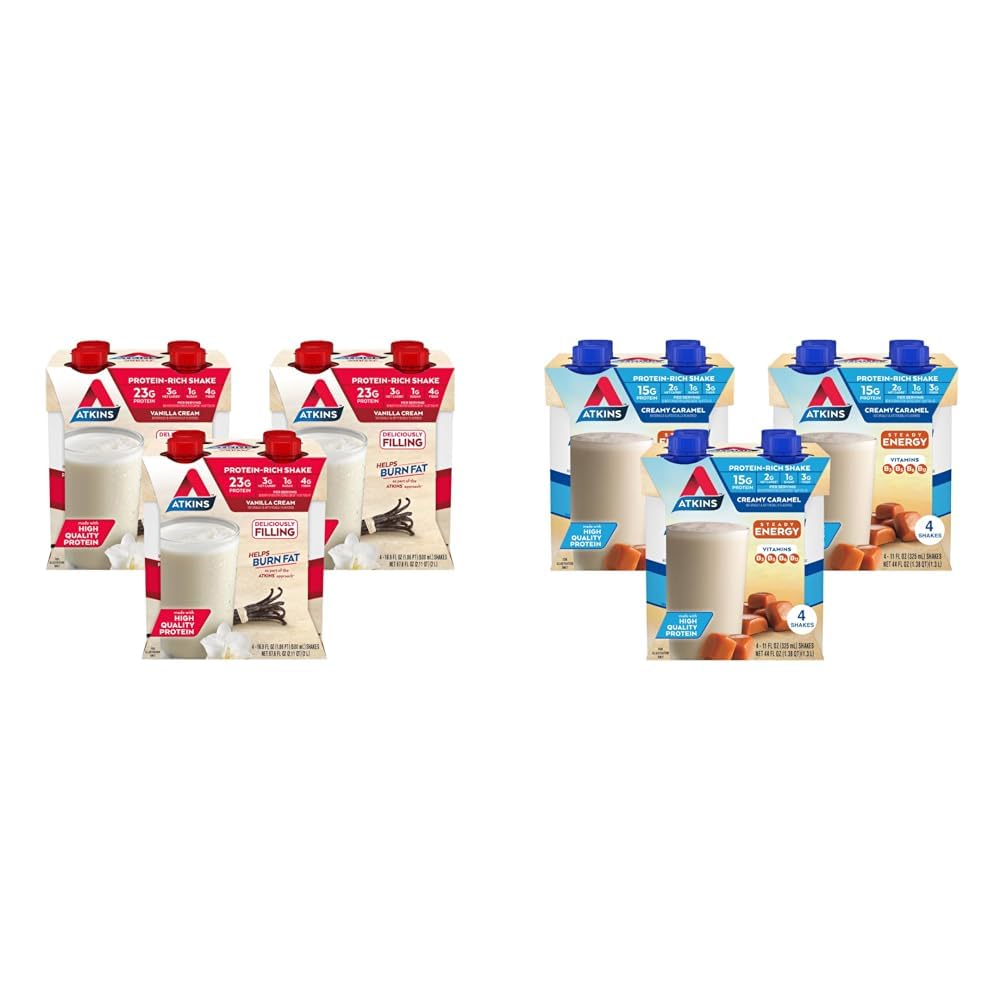 Atkins Vanilla Cream Meal Size Protein Shake, 23g Protein, Low Glycemic, 3g Carb, 1g Sugar & Energy Shake Creamy Caramel, with B Vitamins and Protein. Keto-Friendly and Gluten Free 4 Count(Pack of 3)